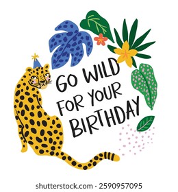 Fun quirky party leopard. Hand drawn greeting leopard in party hat on head. Trendy Jungle print. Cartoon vector summer illustration.