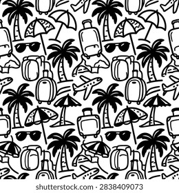 A fun and quirky seamless pattern featuring hand-drawn doodles of travel essentials like suitcases, airplanes, palm trees, sunglasses, and umbrellas.