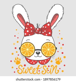 Fun rabbit girl face with orange sunglasses, footprint. Sweet Sun slogan. Illustration for t-shirt graphics, fashion prints and other uses.
