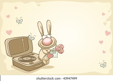 fun rabbit and gramophone on Valentine's Day in retro style