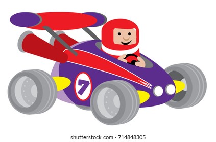 Fun race car, vector cartoon illustration in red and purple colors.