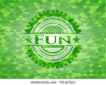 Fun realistic green emblem. Mosaic background