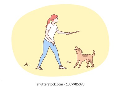 Fun, recreation, playing, friendship, joy concept. Happy woman girl playing with happy domestic animal friend on summer countryside throwing stick outside. Leisure time activity pet love illustration