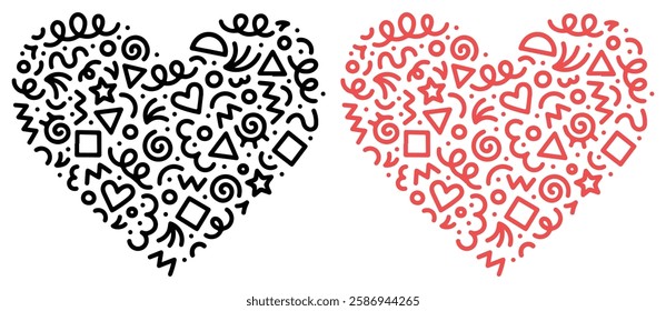 Fun red abstract line doodle heart shape. Creative minimalist style art symbol set for children or party celebration with modern shapes. Simple upbeat drawing scribble decoration. vector eps