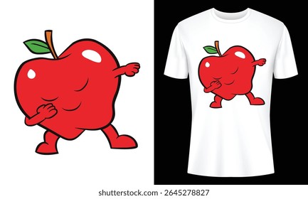 Fun red apple cartoon dabbing on a white t-shirt mock-up. Perfect for fruit themed apparel designs and merchandise.