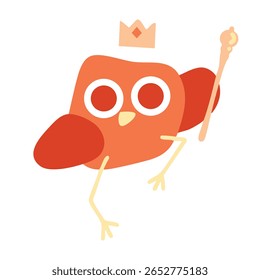 Ilustração divertida de desenho animado de pássaro vermelho. Rei ou príncipe do pássaro em fantasia de Halloween. Cosplay de realeza. Pássaro feliz usando coroa de ouro com joia rubi e segurando cetro. Clipart de animal de desenho animado. Mascote aviário