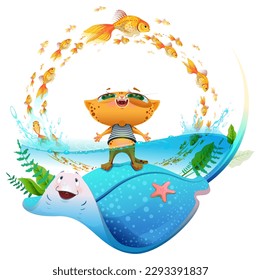 Fun red cat in striped vest swim in sea. Tropical sea summer paradise stingray and goldfish. Vector cartoon illustration isolated on white