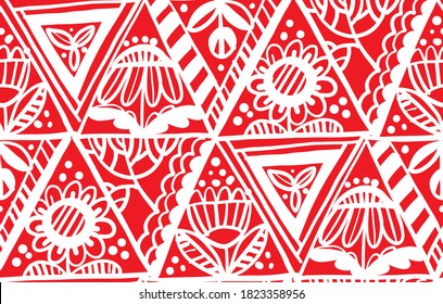 Flores dibujadas a mano de color rojo divertido patrón sin fisuras para el diseño de fondo, tela, textil, envoltura, superficie, web e impresión. Relación vectorial textil con elementos florales de vibraciones folclóricas.