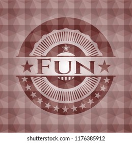 Fun red emblem or badge with abstract geometric pattern background. Seamless.