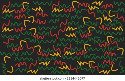 Fun red, green, yellow colors line doodle seamless pattern. Creative abstract style art for background for juneteenth freedom day or black history. Simple scribble wallpaper banner