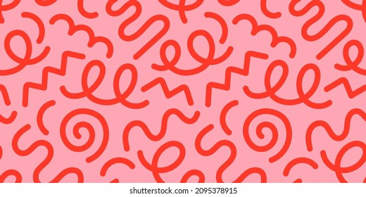 Fun red line doodle seamless pattern. Creative abstract style art background for children or trendy design with basic shapes. Simple childish scribble wallpaper print. - Shutterstock ID 2095378915