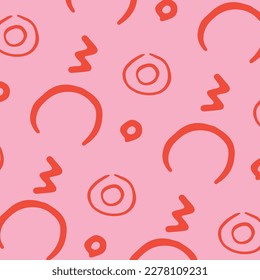 Fun red line doodle seamless pattern. Creative abstract style art background for children or trendy design with basic shapes. Simple childish scribble wallpaper print.