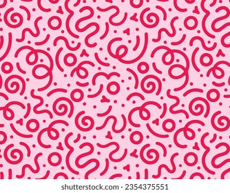 Fun red line doodle seamless pattern. Creative abstract style art background for children or trendy design with basic shapes. Simple childish scribble wallpaper print.
