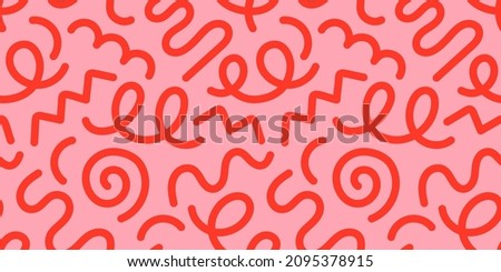 Fun red line doodle seamless pattern. Creative abstract style art background for children or trendy design with basic shapes. Simple childish scribble wallpaper print.