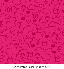 El rojo divertido forma un doodle sin fisuras. Un estilo minimalista creativo para los niños o un diseño moderno con formas básicas. Nube, flecha, diamante, corazón, flor. Sencillo escenario de garrapatas infantiles.