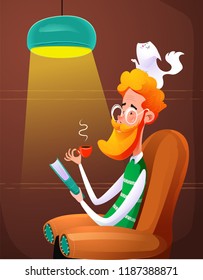 Fun redhead man read book sitting in chair. Vector cartoon illustration