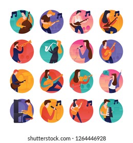 Fun related flat rounded icons of music and musicians are here representing various characters performing activities to showcast media actions. 