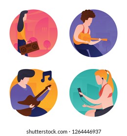 Fun related flat rounded icons of music and musicians are here representing various characters performing activities to showcast media actions. 