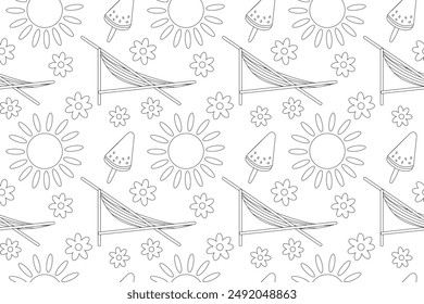 A fun and relaxing black and white coloring page featuring a summer-themed pattern with hammocks, suns, and popsicles. Perfect for all ages.