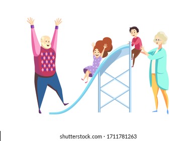 Fun, Rest, Young And Older Generation Concept. Cartoon Characters Old Man Grandfather And Woman Grandmother With Children Kids Grandson Granddaughter Go Down Slide Together. Happy Family Recreation.