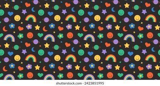 Fun retro cartoon sticker seamless pattern. Trendy doodle icon background with flower, happy face and rainbow. Colorful vintage groovy art label wallpaper, cute emoticon symbol print. 