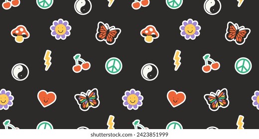 Fun retro cartoon sticker seamless pattern. Trendy 90s doodle icon background with flower, happy face and butterfly. Colorful vintage groovy art label wallpaper, cool emoticon symbol print. 