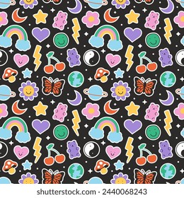 Fun retro cartoon sticker seamless pattern. Trendy 90s doodle icon background with flower, happy face and butterfly. Colorful vintage groovy art label wallpaper, cool emoticon symbol print. 