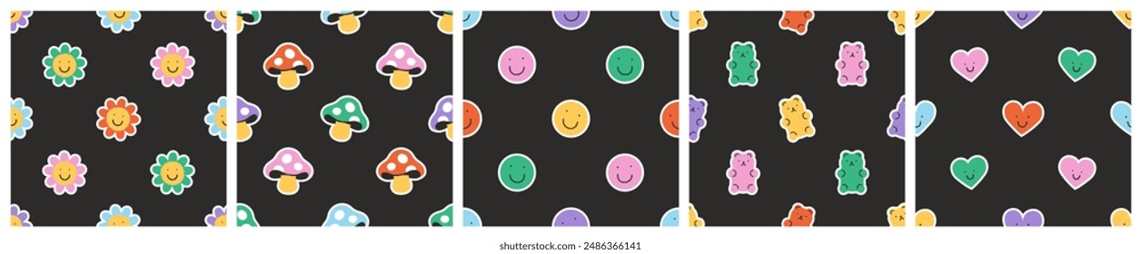 Fun retro cartoon sticker seamless pattern set. Trendy 90s doodle icon background with flower, happy face and butterfly. Colorful vintage groovy art label wallpaper, cool emoticon symbol print. 