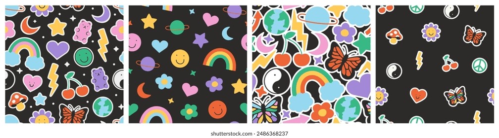 Fun retro cartoon sticker seamless pattern set. Trendy 90s doodle icon background with flower, happy face and butterfly. Colorful vintage groovy art label wallpaper, cool emoticon symbol print. 