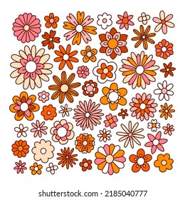 Fun retro doodle orange and pink flowers, vintage vector collection, isolated on white background