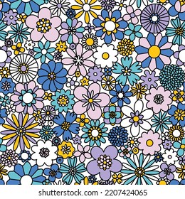 Fun retro mid century modern floral print, blue and lilac flowers, vector seamless pattern