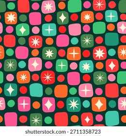 Fun retro squares, dots and sparkles Christmas vector seamless pattern, Cute red, green and pink vintage birthday background for banners and graphic design