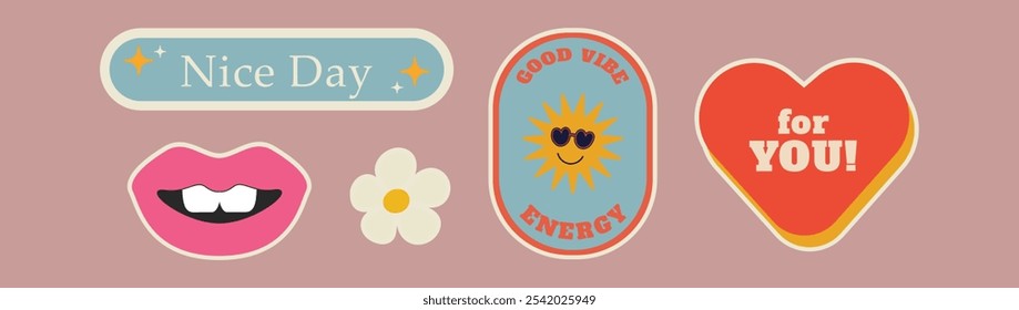 Conjunto de Vector retro de la etiqueta engomada de la diversión con el buen día, la energía de las buenas vibraciones, la sonrisa, y los mensajes del corazón para los Diseños positivos de Antiguas

