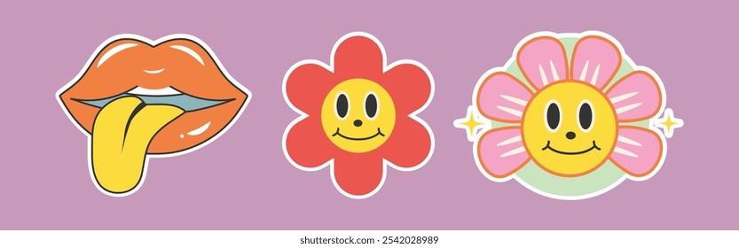 Fun Retro Sticker Vector Set with Smiling Flowers, Playful Lips, and Cheerful Faces for Positive and Vintage-Inspired Designs

