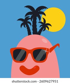 Fun retro summer print with palm trees, sun and head in sunglasses. Flat vector illustration.