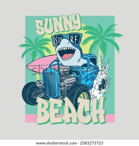 Fun retro-style vector illustration of a cool shark driving a hot rod with a surfboard, set in a tropical beach scene. Perfect for summer and surf designs.
