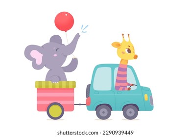 Fun ride of cute animals driving transport vector illustration. Cartoon isolated funny giraffe in wool sweater with stripes riding green car and carrying cart with elephant holding red balloon