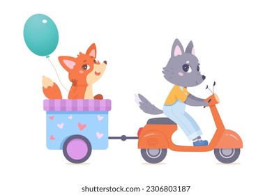 Fun ride of cute animals friends vector illustration. Cartoon isolated funny playful wolf riding orange motor scooter, carrying happy fox in blue cart with hearts pattern, characters ride together