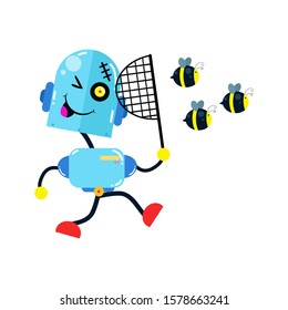 Fun Robot Activity Bee Hunt. Boy Robot Robots. Cartoon Cute Vector Template Design Illustration