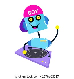 Fun Robot Activity with Music Box. Boy Robot Robots. Cartoon Cute Vector Template Design Illustration