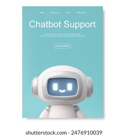 Fun robot chatbot, 3d vector poster with place for text. Ideal for the landing page of a website that serves and supports customers. In cartoon style on an isolated background.