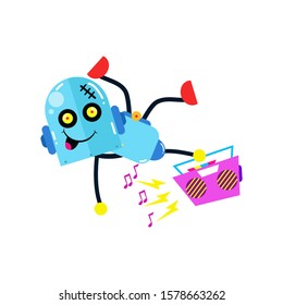 Fun Robot Dance with Music Box. Boy Robot Robots. Cartoon Cute Vector Template Design Illustration