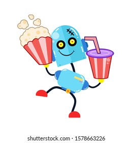 Fun Robot with Drink and Pop corn. Boy Robot Robots. Cartoon Cute Vector Template Design Illustration