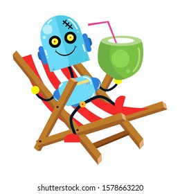 Fun Robot Drinking Coconut. Boy Robot Robots. Cartoon Cute Vector Template Design Illustration
