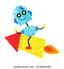 Fun Robot With Rocket. Boy Robot Robots. Cartoon Cute Vector Template Design Illustration