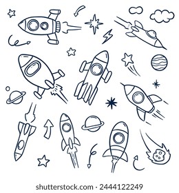 fun rocket doodle hand drawing illustration set