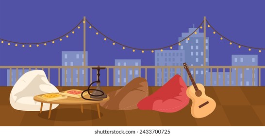 A fun rooftop party with guitar music and a hookah set up, surrounded by a city landscape. This animated illustration captures leisure and recreation in an outdoor art event. Vector illustration