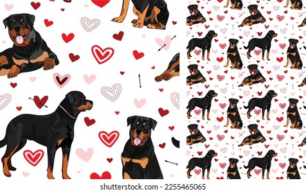 Fun Rottweiler dog Valentine's day heart wallpaper. Love doodles hearts with pets holiday texture. square background, repeatable pattern. St Valentine's day wallpaper, valentine present, print tiles.