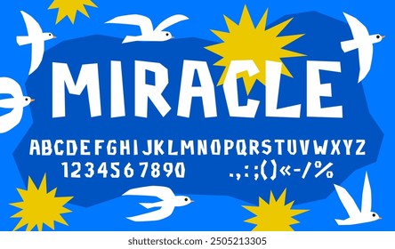 Fun rough pirate font, cutout kids type, cartoon groovy typeface of english alphabet letters and numbers with vector silhouettes of sun, waves and seagulls. Fun rough abc characters typography set