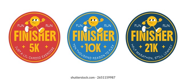Maratona de corrida divertida 5k, 10k, 21k medalhas finisher adesivos, distintivos, patches em estilo de design plano.